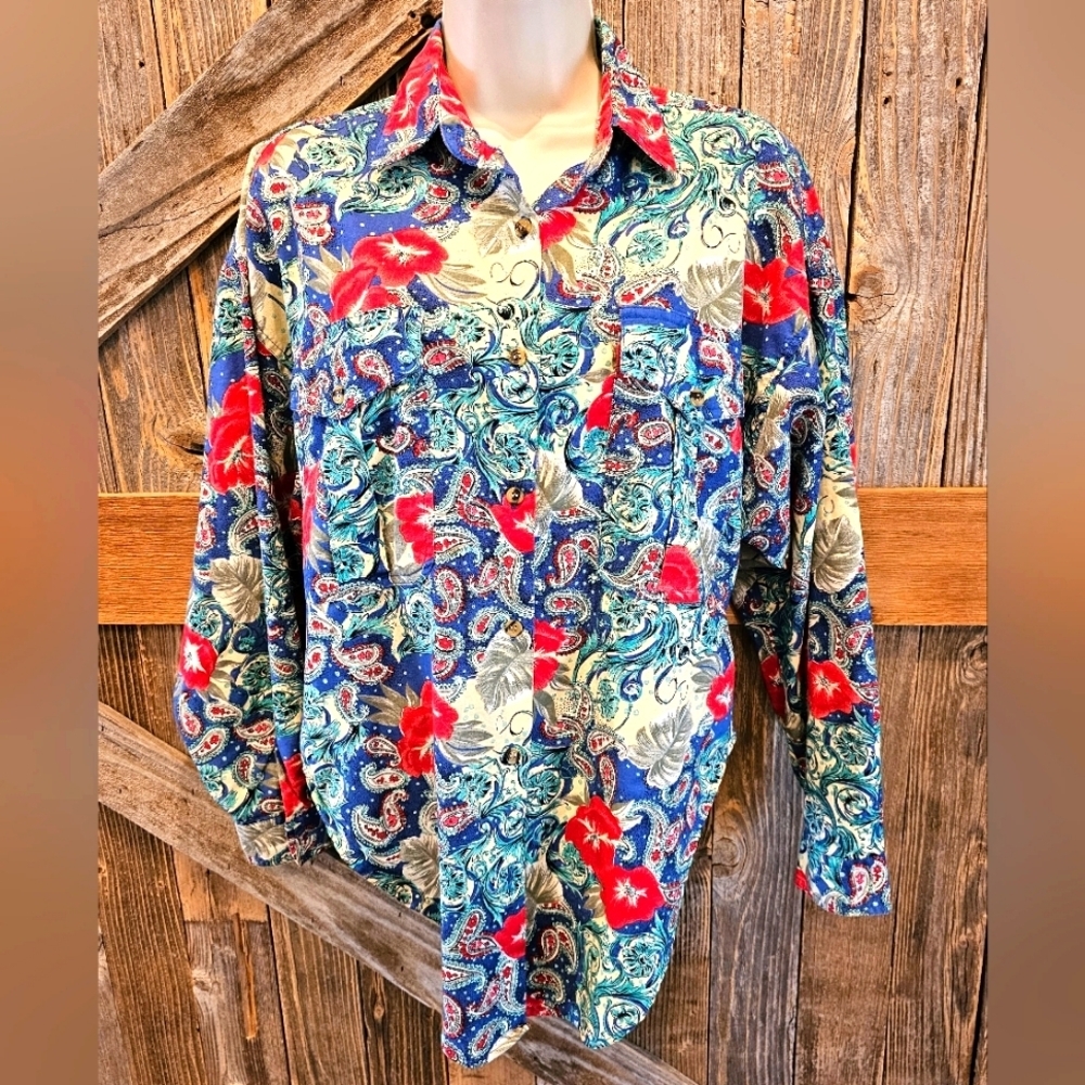 Vintage Cristina Size M Multicolor Short Sleeve Button- Down Shirt Paisley EUC ^